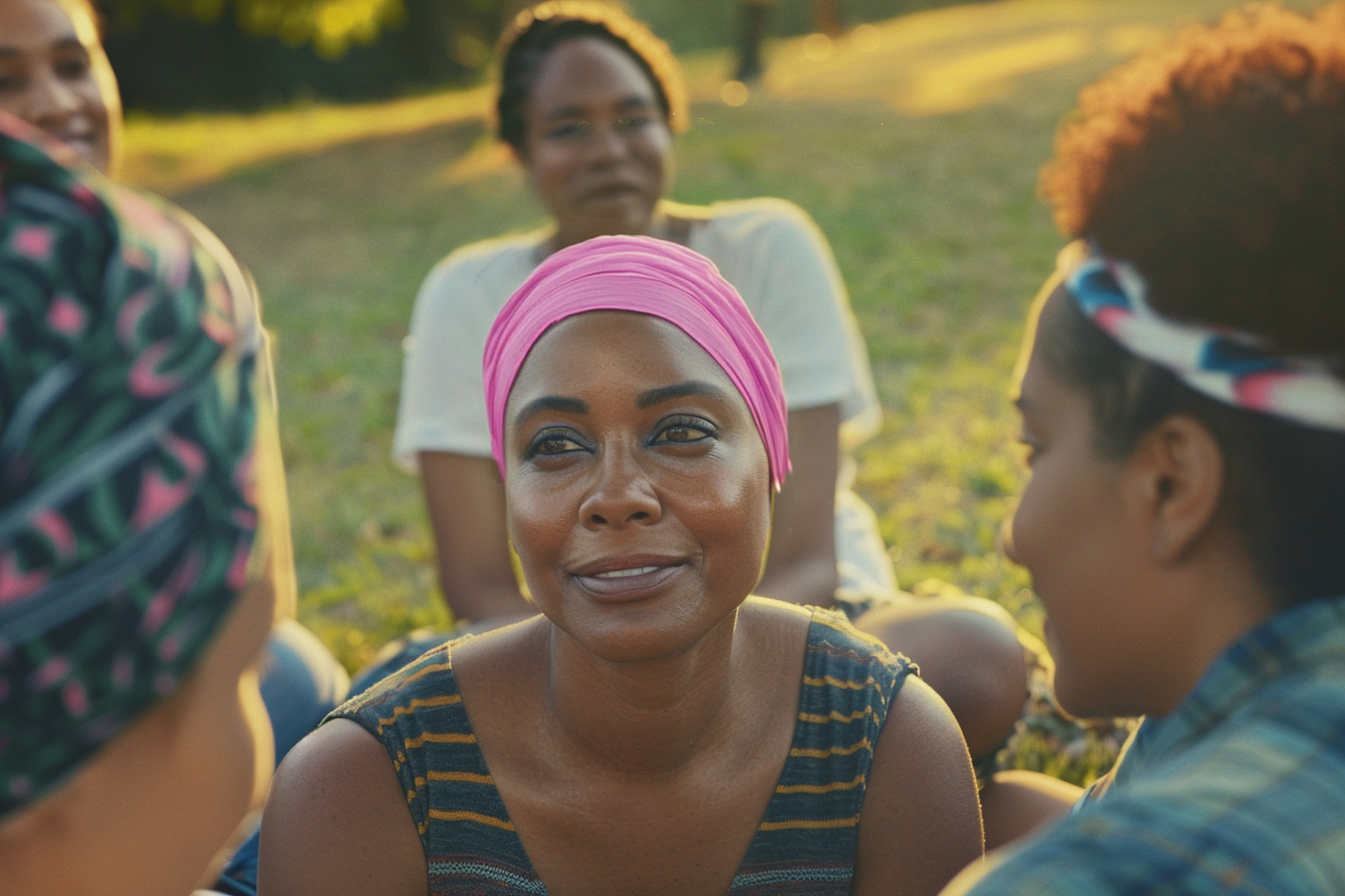 Woman in a healing circle, golden sunset light, community support