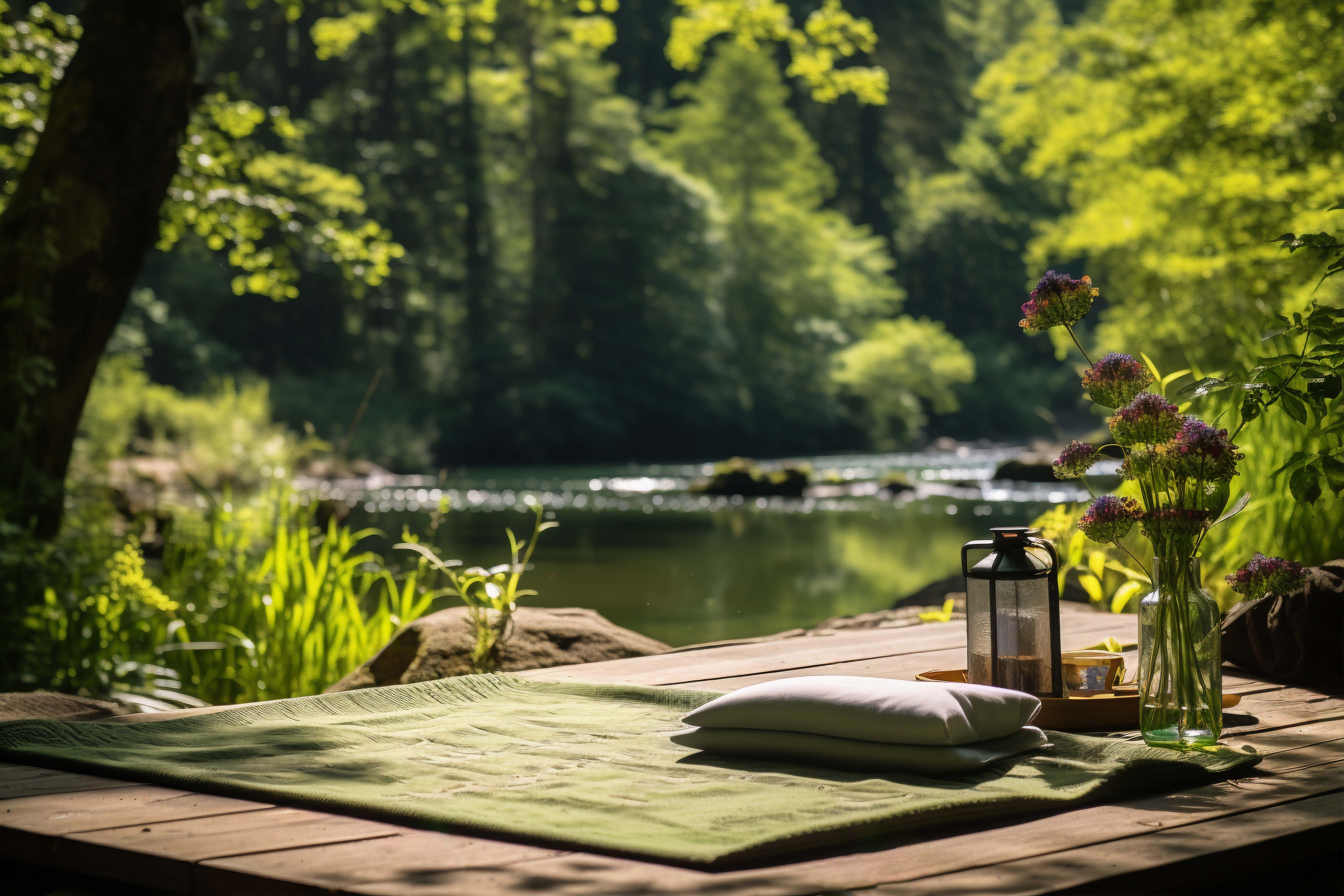 Peaceful healing space by a forest river — meditation mat, flowers, and gentle light