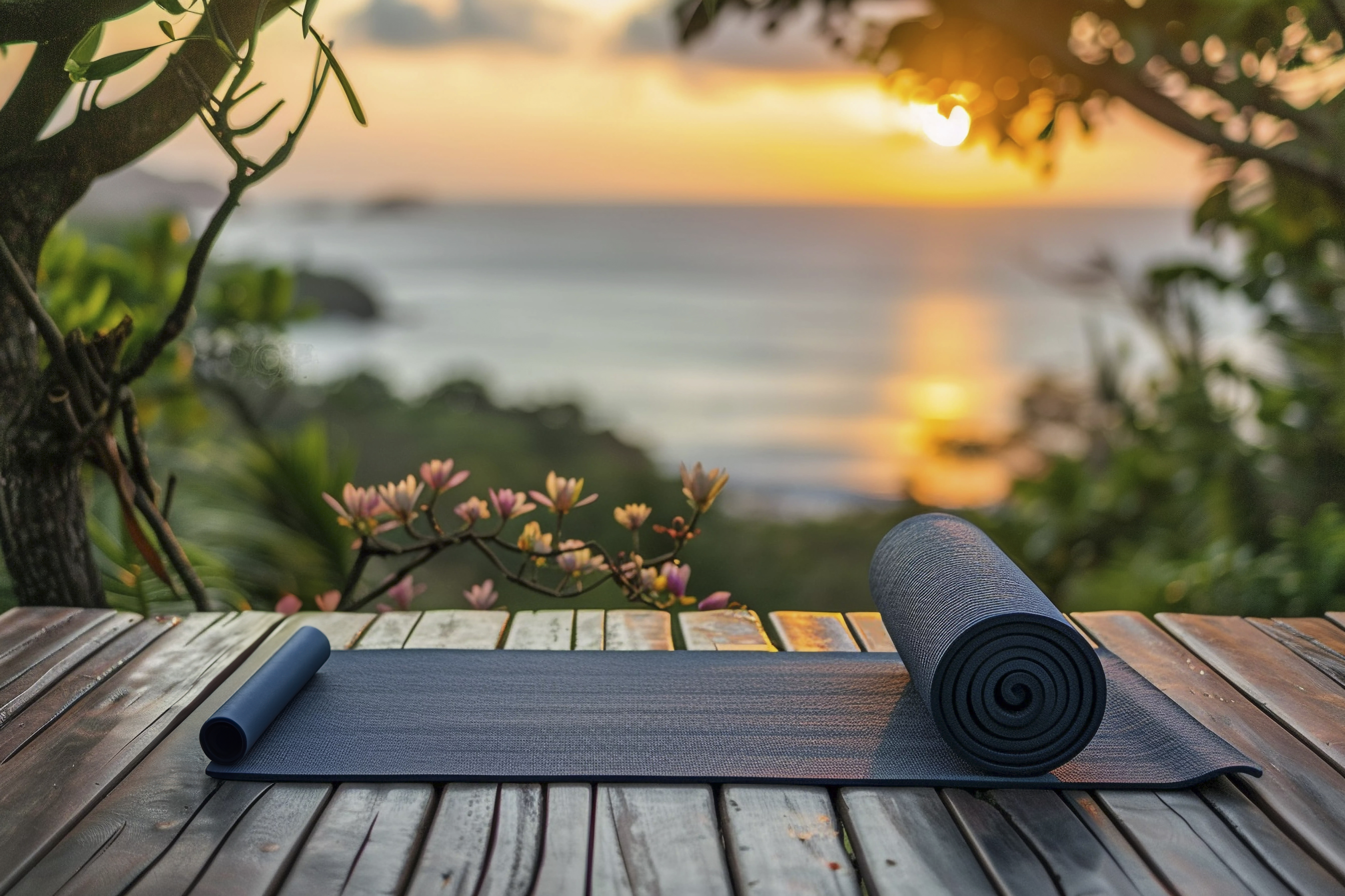 Somatic healing — yoga mat on a wooden deck at sunset, ocean view
